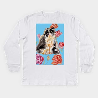 Tuxedo Cat Watercolor Painting and Roses on Light Blue Kids Long Sleeve T-Shirt